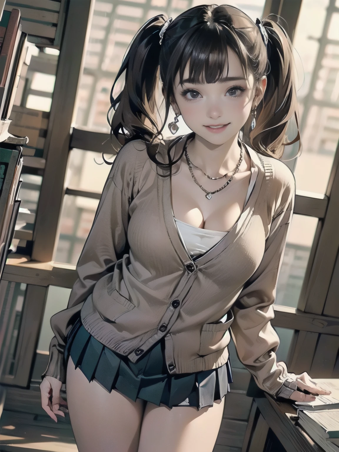 ((((highest quality))))、(((Ultra-precision CG16K wallpaper)))、(((masterpiece)))、(((Super detailed)))、(((Extreme detail)))、((1Mature 24 year old woman:1.3))、((Very beautiful Japanese faces))、((Shiraishi Mai:1.3))、((Straight twin tail hair、blunt bangs:1.5))、(Shiny brown hair)、Beautiful delicate eyes、Brown eyes、High nose、Small nostrils、Small Mouth、Seductive lips、Beautiful breasts、((C cup size breasts))、Cleavage、Voluptuous body、Perfect proportions、Perfect Anatomy、Perfect composition、Beautiful detailed shading、Beautiful, natural lighting、Beautiful detail glow、Depth of written boundary、(((High chroma)))、(((Real:1.9)))、((vivid:1.5))、((Beautiful Skin))、((Skin Texture))、((Realな皮膚感))、(((Cowboy Shot:1.6)))、((Front view、Front low angle:1.5))、((Shy laugh:1.5))、(The woman is facing this way:1.5)、Bright daylight、Natural light、(((library:1.5)))、(Standing pose:1.5)、(((Wearing a cardigan、Pleated mini skirt clothing:1.6)))、((Earrings、Wearing a necklace:1.3))、