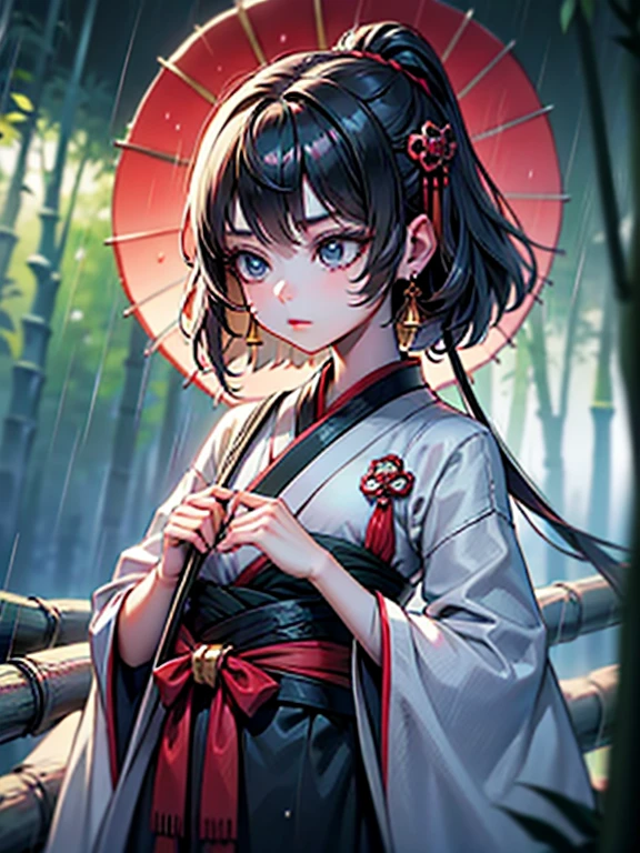 Masterpiece, خلفية CG Unity 8K مفصلة للغاية, 1 girl, Beautiful, real, Blur, Blurred background, Blurred foreground, bamboo forest, Depth of field, Earrings, jewelry, nose, real, Single, Hanfu, Holding a paper umbrella, rain