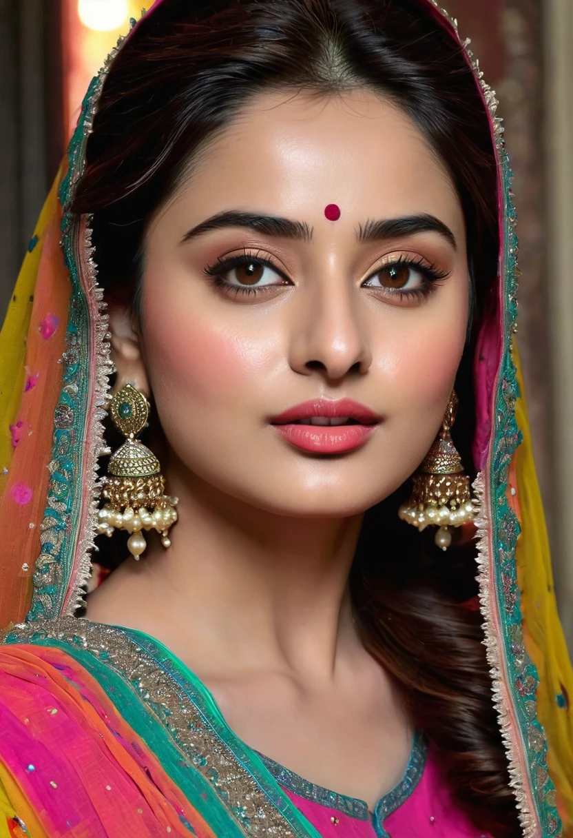 ((masterpiece, realistic, best quality, extremely intricate, solo, 1girl)), color connection, colorized, vibrant color scheme, colorful, spot color, nsfw, (portrait, face focus), nose blush, Pakistani Actress, yumna zaidi,