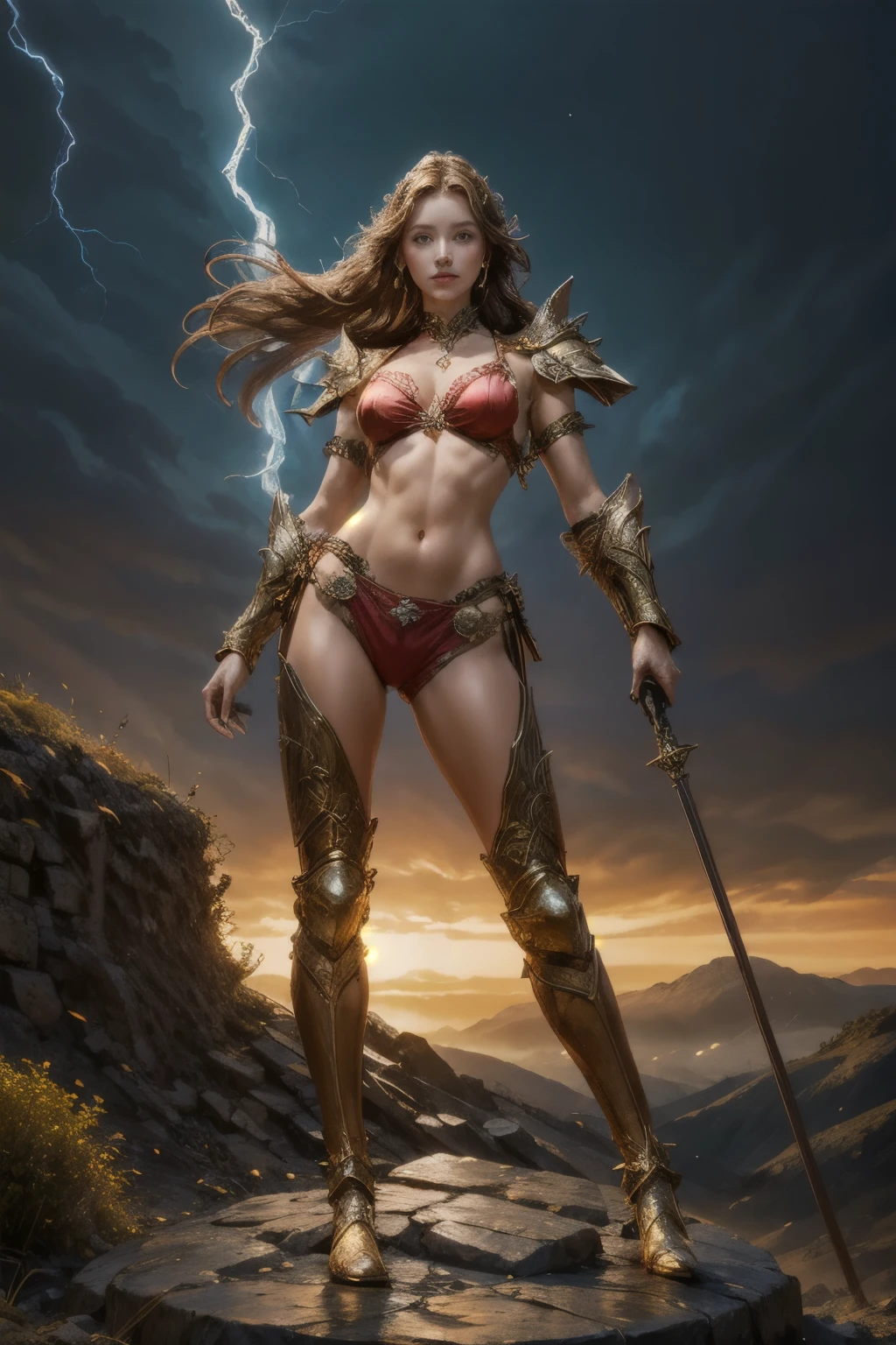 a sexy woman in armor standing on a rocky hill, bikini armor female knight, fantasy woman, fantasy warrior, by Yang J, very beautiful female barbarian, warrior girl, beautiful female warrior, female warrior, style of raymond swanland, tyler edlin fantasy art, a very beautiful berserker woman, artgerm julie bell beeple, wojtek fus, Surreal art of a beautiful woman embodying the goddess of the sky, standing on an ancient ruin wall, her long brown hair with bright golden locks fluttering in the stormy air as the spectacular setting sun paints the sky with red clouds. Dark clouds intertwined with lightning and a gentle drizzle, watercolor style masterpiece with an effect that creates a stormy sky, transparent swimsuit underwear, ancient Greek city blurred in the distance, ancient city in the distant fog, girl on high mountain to see the valley, goddess dressed in gold jewelry, a girl from the front looking to the side, poses on a stone wall covered with ivy, stands on a stone wall, 8k resolution, high quality art, pose of a lady in motion, elegant, high quality film poster, overexposure of elements, fracture, girl on high mountain observing the distant valley,