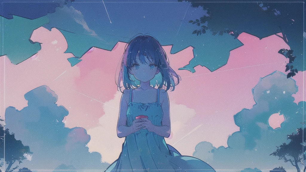 (watercolor), (low contrast), (face, cowboy shot, 1 girl, sundress, look at viewer), (starry sky)