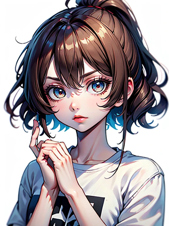 Asian, Beautiful, thin, cute, 30 seconds, Beautiful Face, Beautiful Skin, actor, Mature, Upper body, Light brown hair, Fine hair, Live action or direct event, Masterpiece, Best quality, خلفية CG Unity 8K متقنة للغاية, High quality, Model, light, Summer fashion, (Natural brown hair: 0.8), (Puffy eyes), Look at the audience, turn around, Hair whitening, Form form, White background, Sensitive skin type, Slightly curly poetry, Hands around mouth, White t-shirt, Hair model image