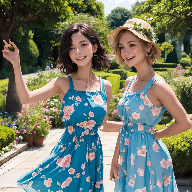 masterpiece, best quality, absurdres, perfect antomy, 1girl, solo, PascalTales, short hair, beautiful, cheerful, sunny day, botanical garden, summer breeze, sundress, floral pattern, wavy hair, smiling