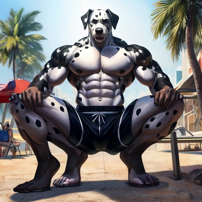 A anthropomorphic muscular Dalmatian wearing black swimming shorts and gets glitched by getting chopped in half by squatting down in the entire body 