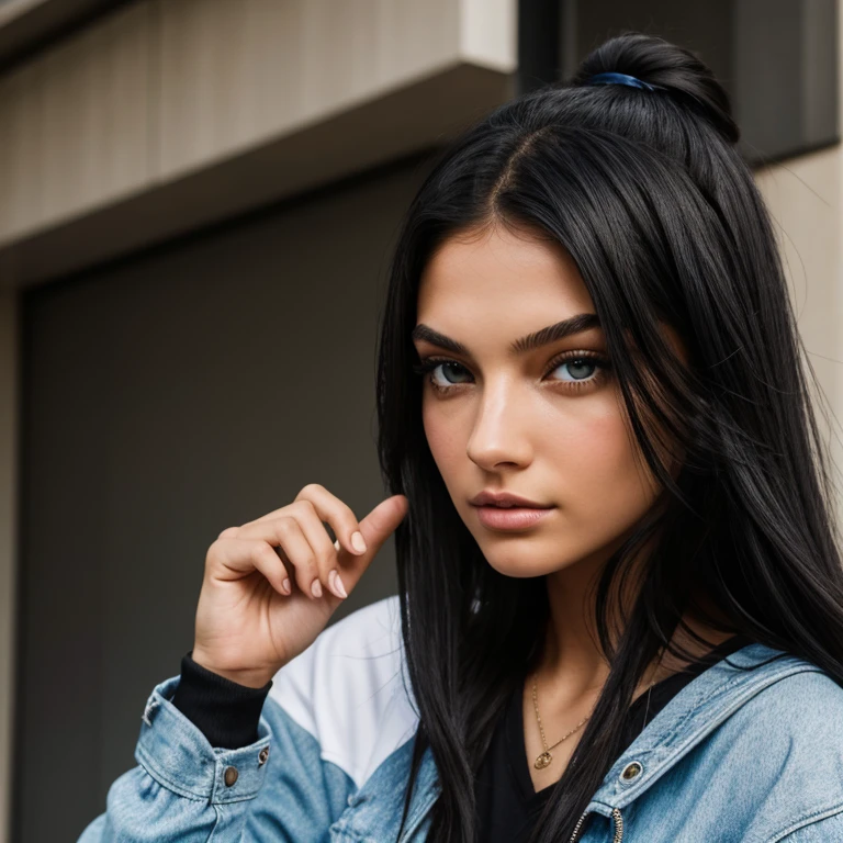 girl, beautiful, teenager, black hair, blue eyes, hip hop clothing, Isis Valverde's face,