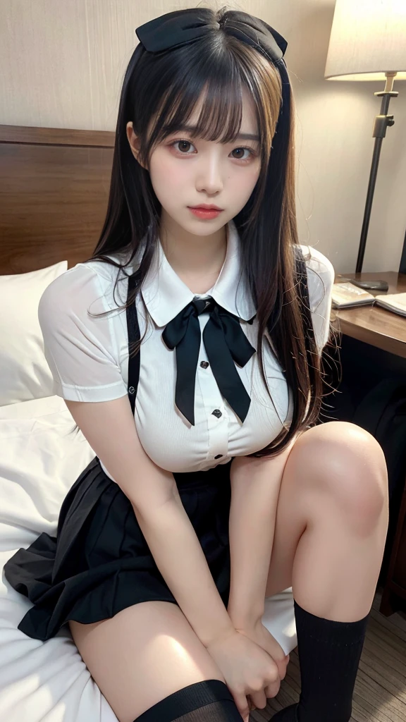 (Hyper-realistic), (Illustration), (High resolution), (8K), (Extremely detailed), (Best Illustration), Yol ( chain saw man ), (Beautiful detailed eyes), (Best Quality), (Ultra-detailed), (masutepiece), (Wallpaper), (Detailed face), Solo, Upper body, Focus on Face, 1 girl, Long Black Hair, Korean, Thin eyeshadow, A detailed eye, Brown eyes, Small moles under the eyes, very slender legs,Please wear a long-sleeved shirt, Neckbow,  Small breasts,Smaller chest,Black knee socks, Dynamic Pose, low illuminance, Night, Dark, Clouds, a dark night,sit on sofa,Happy,White panty,White bra,