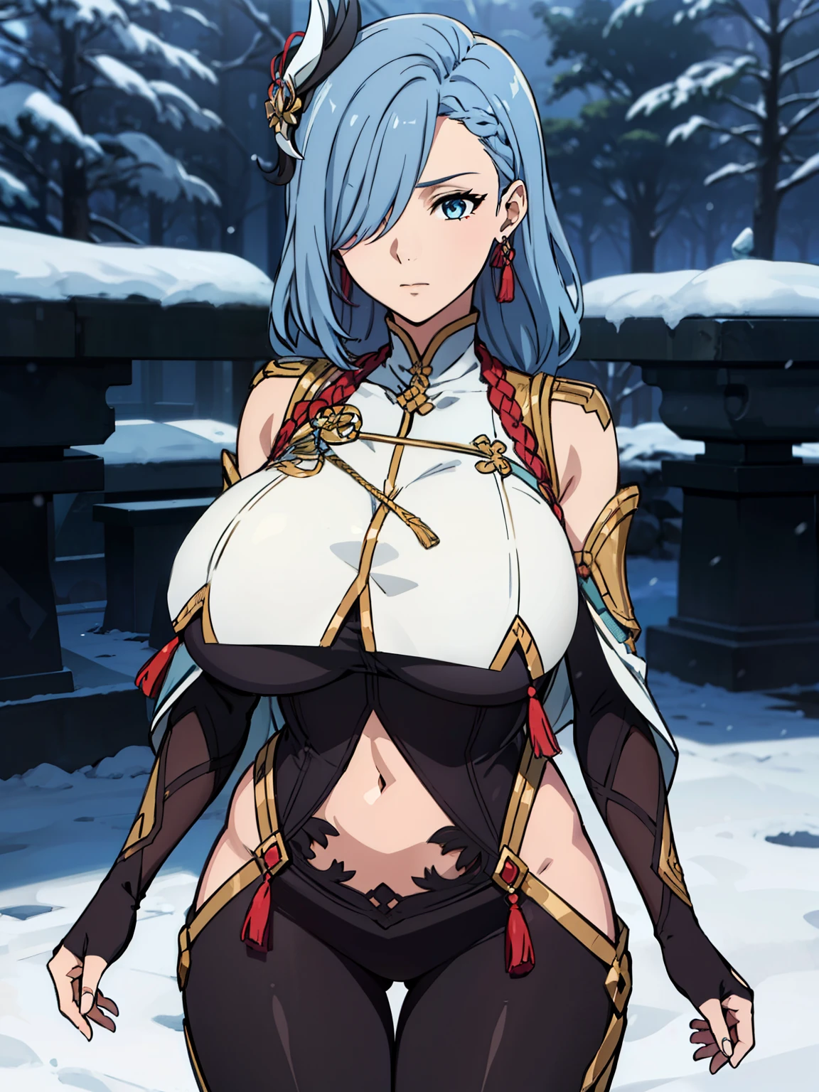 thigh gap, tassel, gold trim, black bodysuit, hip vent, shoulder cutout, (breast curtain), navel, earrings, black gloves, elbow gloves, clothing cutout, bodysuit, covered navel, gloves, snowy garden background, ShenheV4, anime cels style, best quality, high resolution, 1girl, (huge breasts:1.2), beautiful face, hair ornament, braid, blue hair, long hair, hair over one eye, blue eye, thighs, cowboy shot