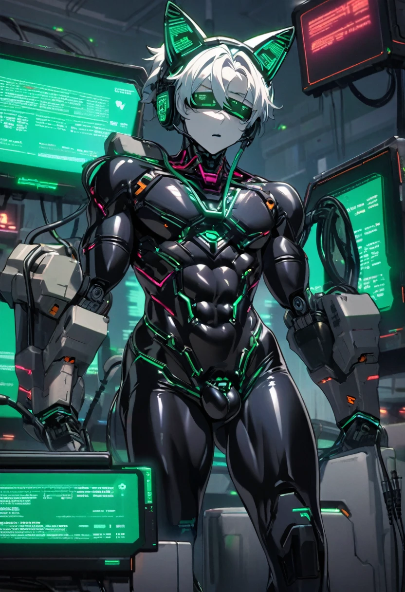 (nsfw5) (((1boy))), (((anime boy))), 20 years old, muscular body, latex suit, black latex, skintight no zipper latex suit, fullbody latex suit, shoulder plastic armour, ((robotic neck)), ((wearing virtual reality headset1.5)), ((thick cables plugged on headset)), cat ears, cyborg, latex, cyberpunk, cyberpunk hospital, (thick cables plugged on crotch1.5), (((((terminal commands on screen3.5))))), mind reprogramming, ((corruption bodysuit)), blank stare, crotch bulge, restrained by four robotic arms, (heads-up display), wearing black lipstick, cables plugged into cat ears, (((transformation into robot3))), (((assembly line arms5))), buttplug from floor