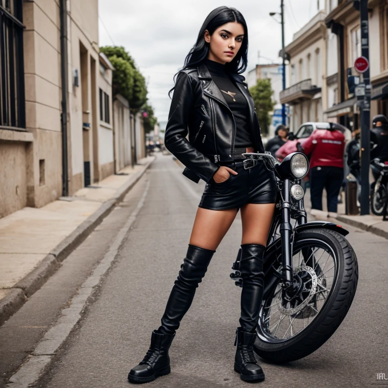 girl, beautiful, teenager, black hair, blue eyes, biker clothes, Isis Valverde's face, Full body