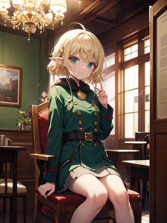(((Masterpiece, Highest quality, very accurate, High detail)))), (((imaginary))), ((Walled city)), ((Inside the hostel)), (He sits in a chair and looks out the window))), ((People passing through town)), One, Elf woman, White short skirt embroidered with gold, Long straight blonde hair, Dark green eyes, Green coat embroidered with gold, He smiles, big, (breeze) , There are a lot of light particles floating in the room