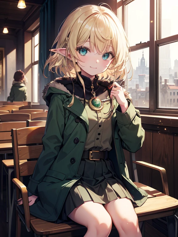 (((Masterpiece, Highest quality, very accurate, High detail)))), (((imaginary))), ((Walled city)), ((Inside the hostel)), (He sits in a chair and looks out the window))), ((People passing through town)), One, Elf woman, White short skirt embroidered with gold, Long straight blonde hair, Dark green eyes, Green coat embroidered with gold, He smiles, big, (breeze) , There are a lot of light particles floating in the room