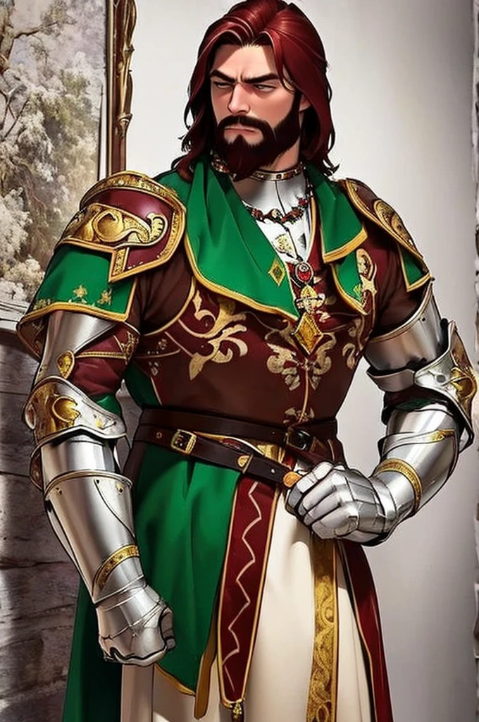 ((best quality)), ((masterpiece)), (detailed), handsome man, saturated dark red hair, full body, medium length hair, serious face, medieval armor, yellow and white heraldry, Golden Antler necklace, sheathed longsword, green cape, full beard, middle aged man