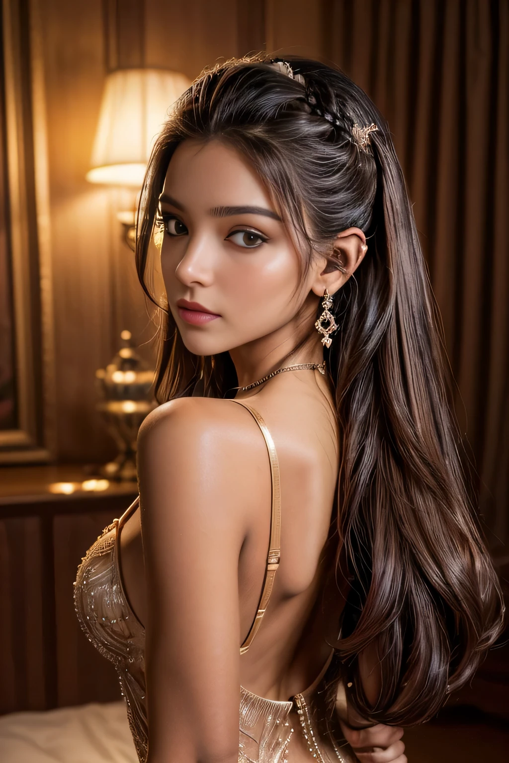 (obra de arte:1.3), (fotorrealista:1.37), (um modelo de moda, 22 anos de idade), ((glamour, Paparazzi tirando fotos dela), (super elaborado, roupa de noite extravagante), com um corpo perfeito, rosto e olhos super finos, (maquiagem leve, [[batom cor de rosa]], delineador), ((ver o visualizador)), (seios grandes e cheios:1.3), Attention to detail, Palpebras duplas, Use um top sem ombros, lesbian full body, (((light dark medium ((cabelo penteado para os dois lados, behind the ear)), extremamente detalhado))), ((olhos castanhos)), 16K, Ultra HD, extremamente detalhado, volumetric warm lighting,