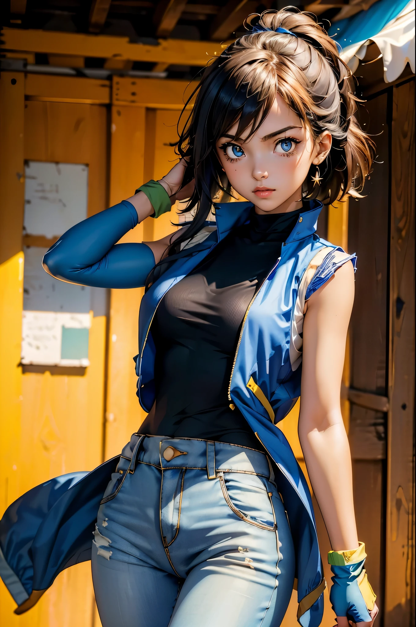 (masterpiece, best quality:1.2), expressive eyes, perfect face, highres, 1girl, solo, (female:1.5), OGAshK, blue jacket, sleeveless jacket, shirt, short sleeves, pants, fingerlss gloves, standing, upper body, looking at the viewer
