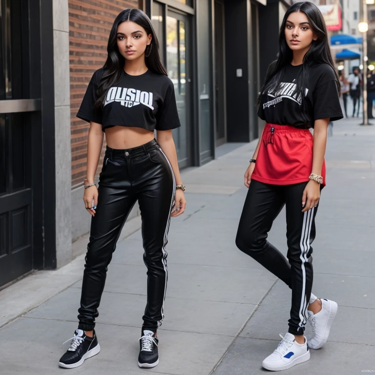 girl, beautiful, teenager, black hair, blue eyes,black hip hop clothing, Isis Valverde's face, Full body