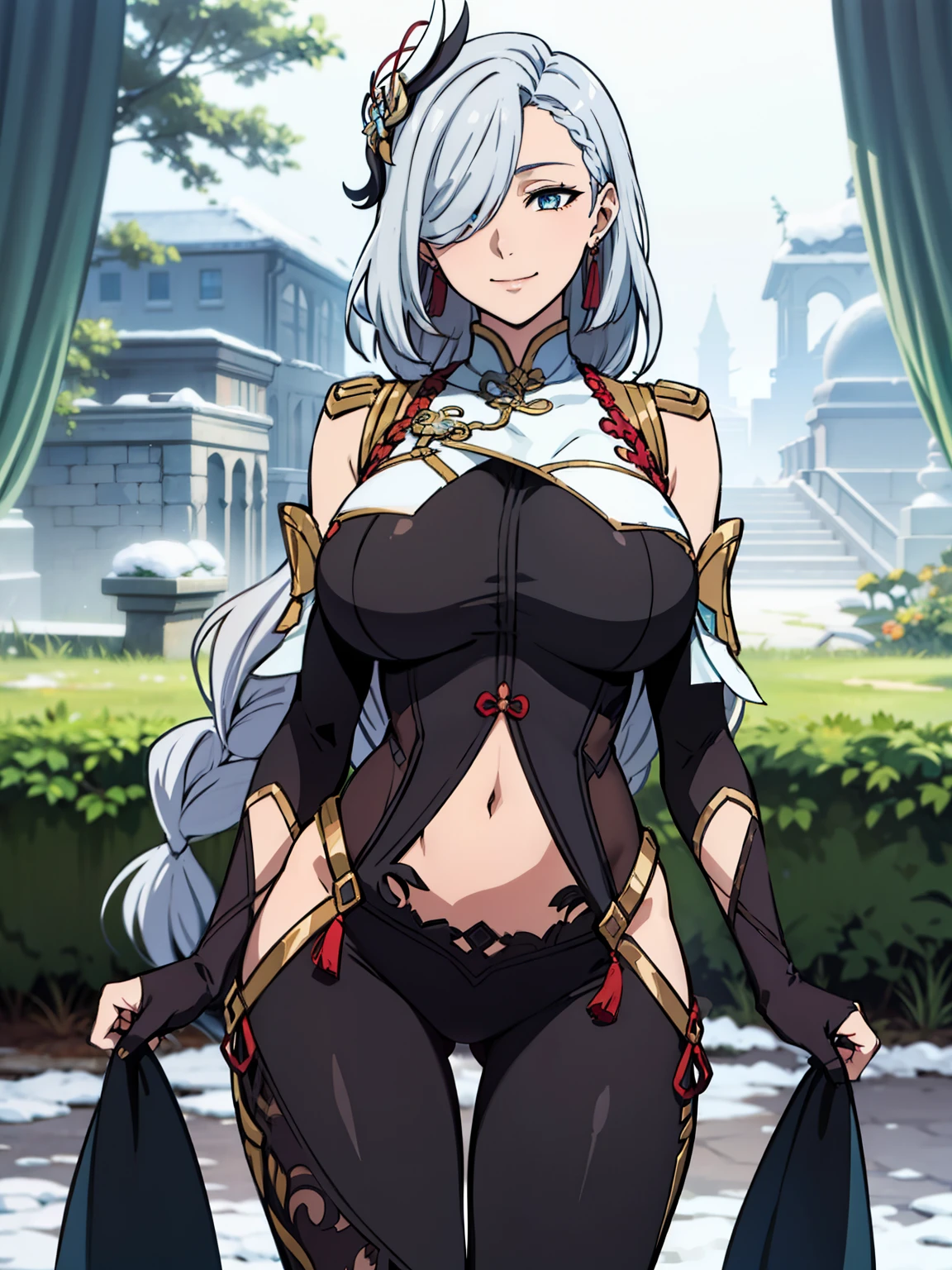 thigh gap, tassel, gold trim, black bodysuit, hip vent, shoulder cutout, (breast curtain), navel, earrings, black gloves, elbow gloves, clothing cutout, bodysuit, covered navel, gloves, snowy garden background, ShenheV4, anime cels style, best quality, high resolution, 1girl, (huge breasts:1.2), beautiful face, hair ornament, braid, white hair, (long hair), hair over one eye, blue eye, thighs, cowboy shot, smiling