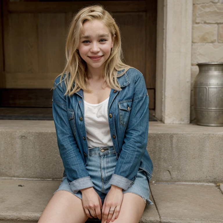 Emilia Clarke with dyed blonde hair dressed in casual clothes posing for a fashion magazine smiling