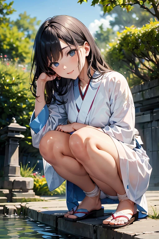 Mature woman in a white yukata squatting on a stone bridge in the Nishikigoi pond in the garden, tilting her head, detailed eyes, long straight black hair, masterpiece, from below, detailed white panties