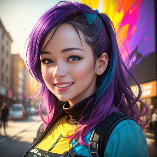 Image in Banksy style with vibrant purple, blue and yellow paint splatters. Woman with perfect detailed face and happy smile, holding mobile phone. Phone is shining and the light is flowing and aiming outside frame. Figure using phone to attract someone. Striking visual effect, with vibrant swirling colors and passionate embrace, (best quality, 4k, 8k, high resolution, masterpiece:1.2), ultra-detailed, (realistic, photorealistic, photo-realistic:1.37), artistic style: abstract expressionism, color tones: warm and passionate colors, lighting: dramatic and intense, art style: conceptual