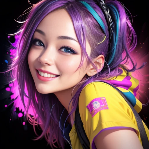 Image in Banksy style with vibrant purple, blue and yellow paint splatters. Woman with perfect detailed face and happy smile, holding mobile phone. Phone is shining and the light is flowing and aiming outside frame. Figure using phone to attract someone. Striking visual effect, with vibrant swirling colors and passionate embrace, (best quality, 4k, 8k, high resolution, masterpiece:1.2), ultra-detailed, (realistic, photorealistic, photo-realistic:1.37), artistic style: abstract expressionism, color tones: warm and passionate colors, lighting: dramatic and intense, art style: conceptual
