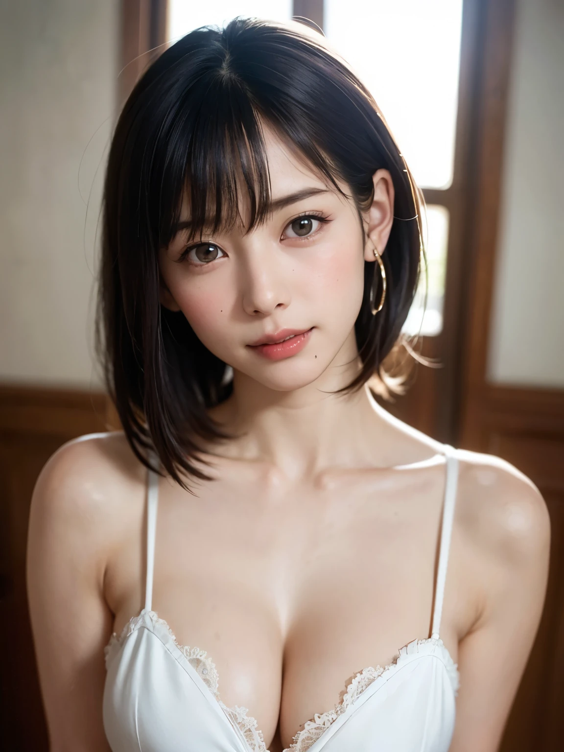 1 girl、highest quality、Realistic、alone、Written boundary depth、Natural soft light、Daytime、charm、Beautiful Face、Cleanliness、Pure Face、White skin、cute、short hair、bright hazel eyes:1.6、Beautiful Lips、bangs、Beach、Light of the sun、Nedium Breast Body Esbian、((黄金比のBeautiful Face、 対称性のあるBeautiful Face))、Long neck、show me your ears、Stick out your ears。bangsのあるきれいな短いボブヘア、smile with your mouth closed、Perfect hands指、Perfect hands、Perfect body、Perfect Face、Shine a light into your eyes、Perfect Anatomy:1.6、とてもcuteスーパーモデル:1.6、{Huge|big|Hugeな|Mega} chest, chestの谷間、smile:1.6、Very beautiful teeth:1.6