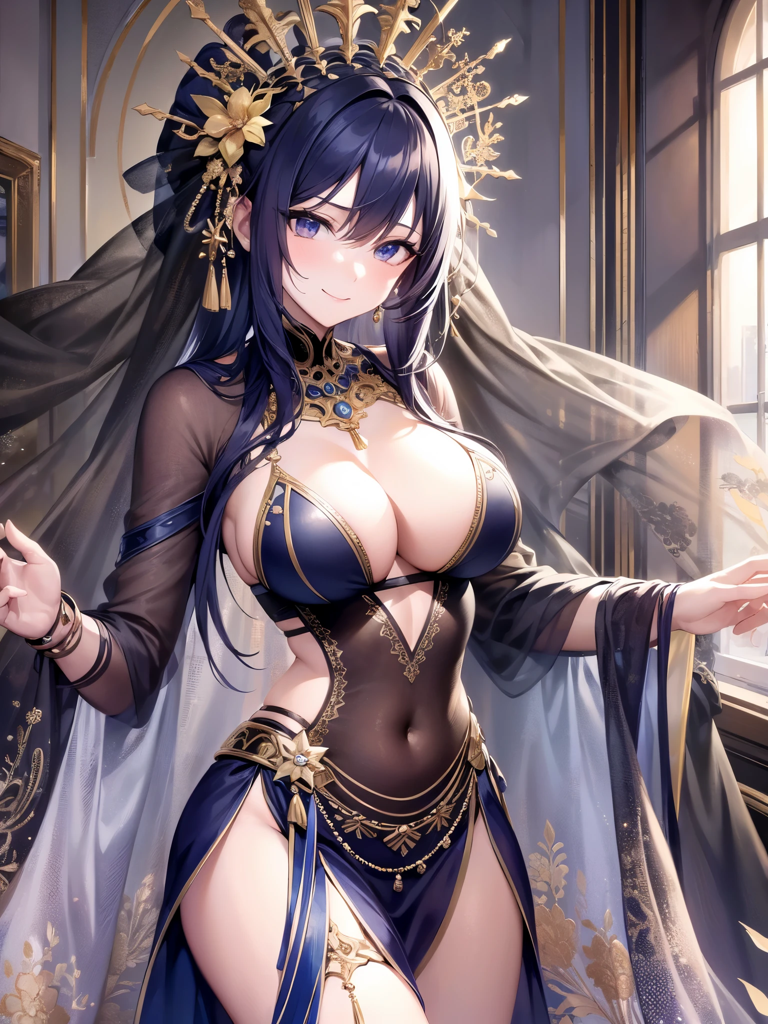 ((highest quality)),(Ultra-high resolution),(Very detailed),(Detailed Description),((The best CG)),(A masterpiece),Ultra-precise art,amazing drawing art,(Art with precise detail:1.5), (Dancer woman:1.6),(Big Breasts:1.6),She is dressed in a glamorous dancer&#39;s outfit.、Sending a seductive smile to you