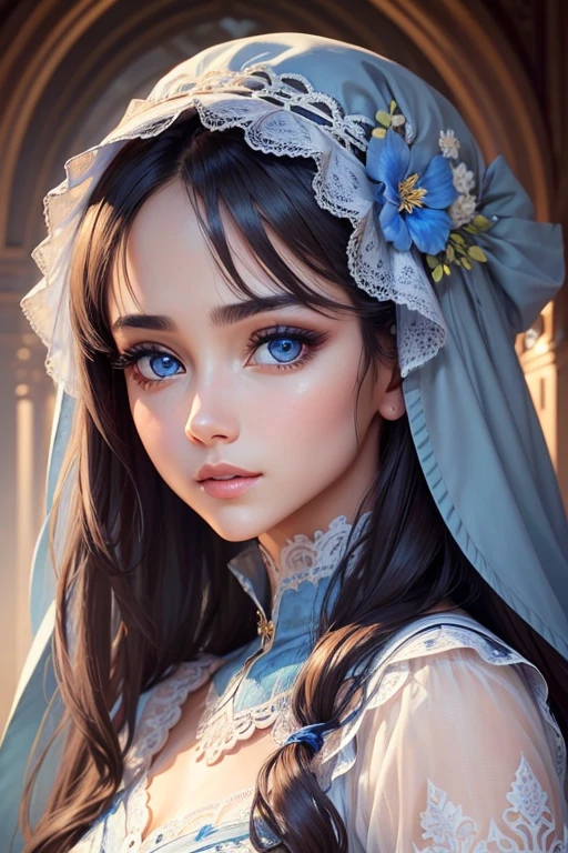 ((detailed and beautiful faces、femele)).Beautiful eyes、Intricate and delicate details、hyperdetailed face、Picturesque beauty、((Beautiful eyes)).solo、Facing forward、Looking at the front, blue eyes, tall, asin full covered body cistume