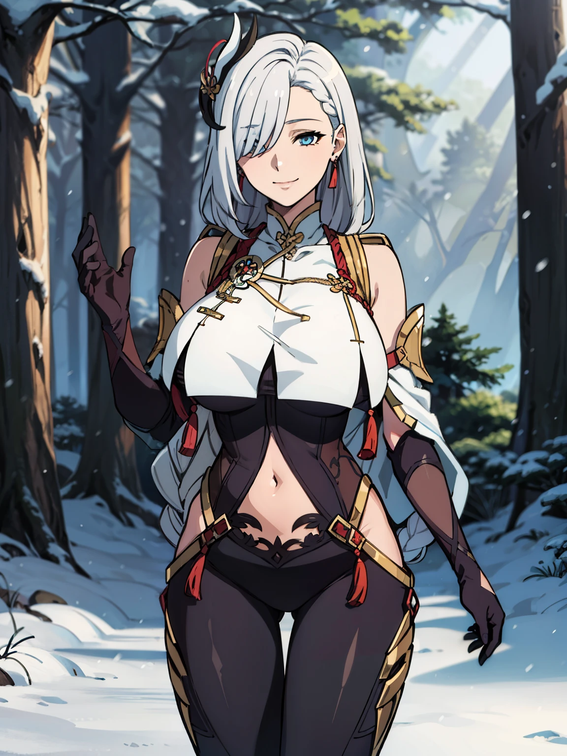 thigh gap, tassel, gold trim, black bodysuit, hip vent, shoulder cutout, (breast curtain), navel, earrings, black gloves, elbow gloves, clothing cutout, bodysuit, covered navel, gloves, (snowy forest background), ShenheV4, anime cels style, best quality, high resolution, 1girl, (huge breasts:1.2), beautiful face, hair ornament, braid, white hair, (long hair), hair over one eye, blue eye, thighs, cowboy shot, smiling