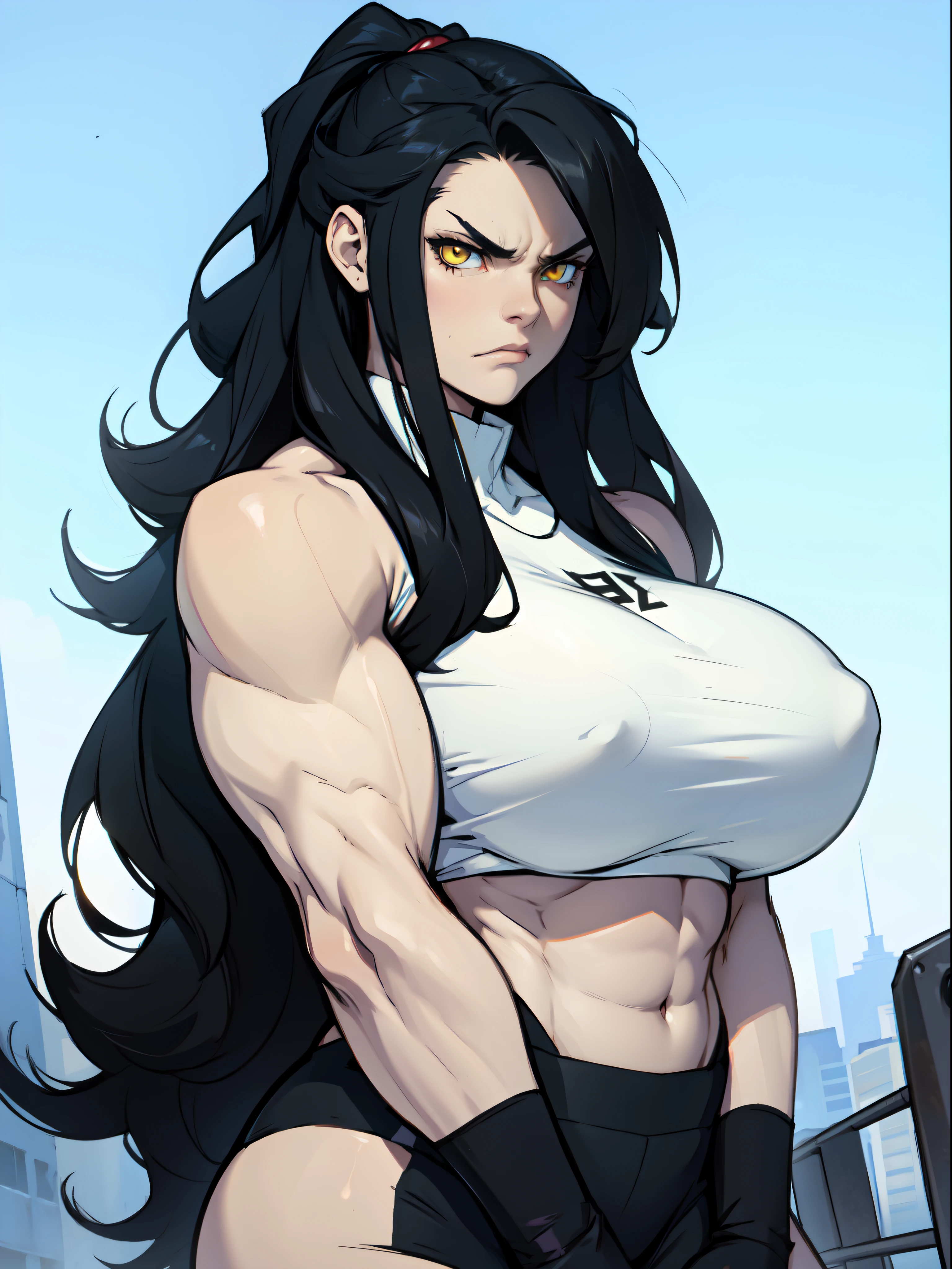 angry girl very long hair (muscular) girl pale skin black hair yellow eyes huge breasts