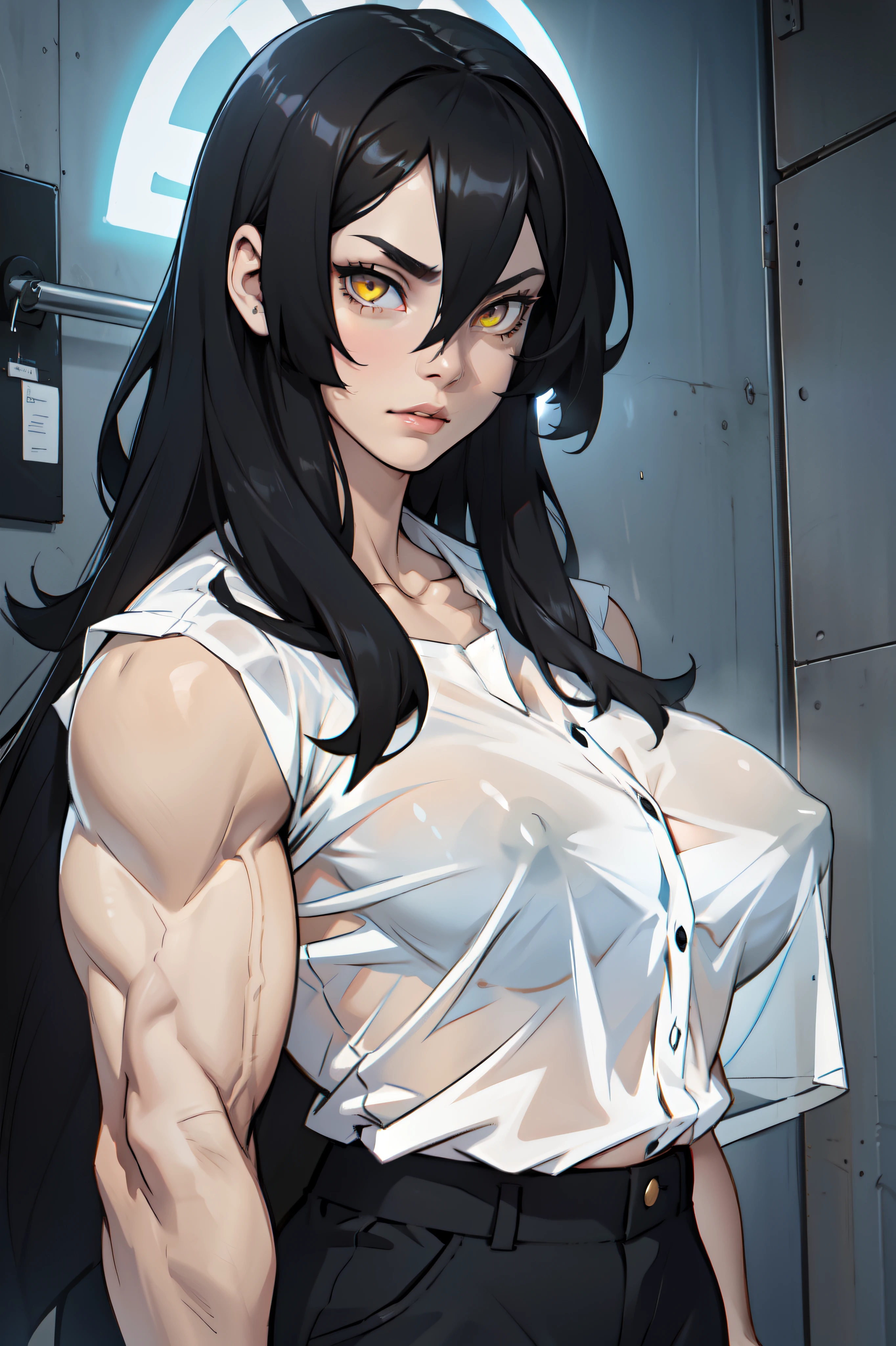 huge breasts pale skin very long hair black hair yellow eyes ((((((1 girl)))))) (((((muscular))))) (transparent shirt)
