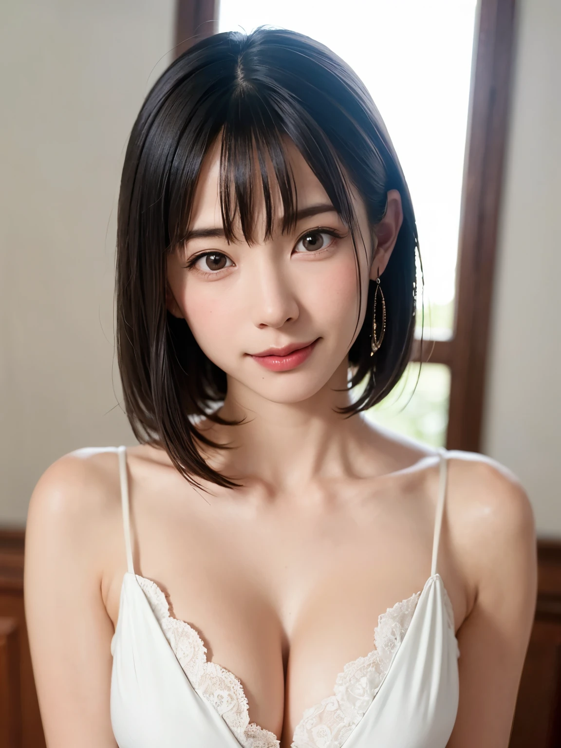 1 girl、highest quality、Realistic、alone、Written boundary depth、Natural soft light、Daytime、charm、Beautiful Face、Cleanliness、Pure Face、White skin、cute、short hair、bright hazel eyes:1.6、Beautiful Lips、bangs、Beach、Light of the sun、Nedium Breast Body Esbian、((黄金比のBeautiful Face、 対称性のあるBeautiful Face))、Long neck、show me your ears、Stick out your ears。bangsのあるきれいな短いボブヘア、smile with your mouth closed、Perfect hands指、Perfect hands、Perfect body、Perfect Face、Shine a light into your eyes、Perfect Anatomy:1.6、とてもcuteスーパーモデル:1.6、{Huge|big|Hugeな|Mega} chest, chestの谷間、smile:1.6、Very beautiful teeth:1.6