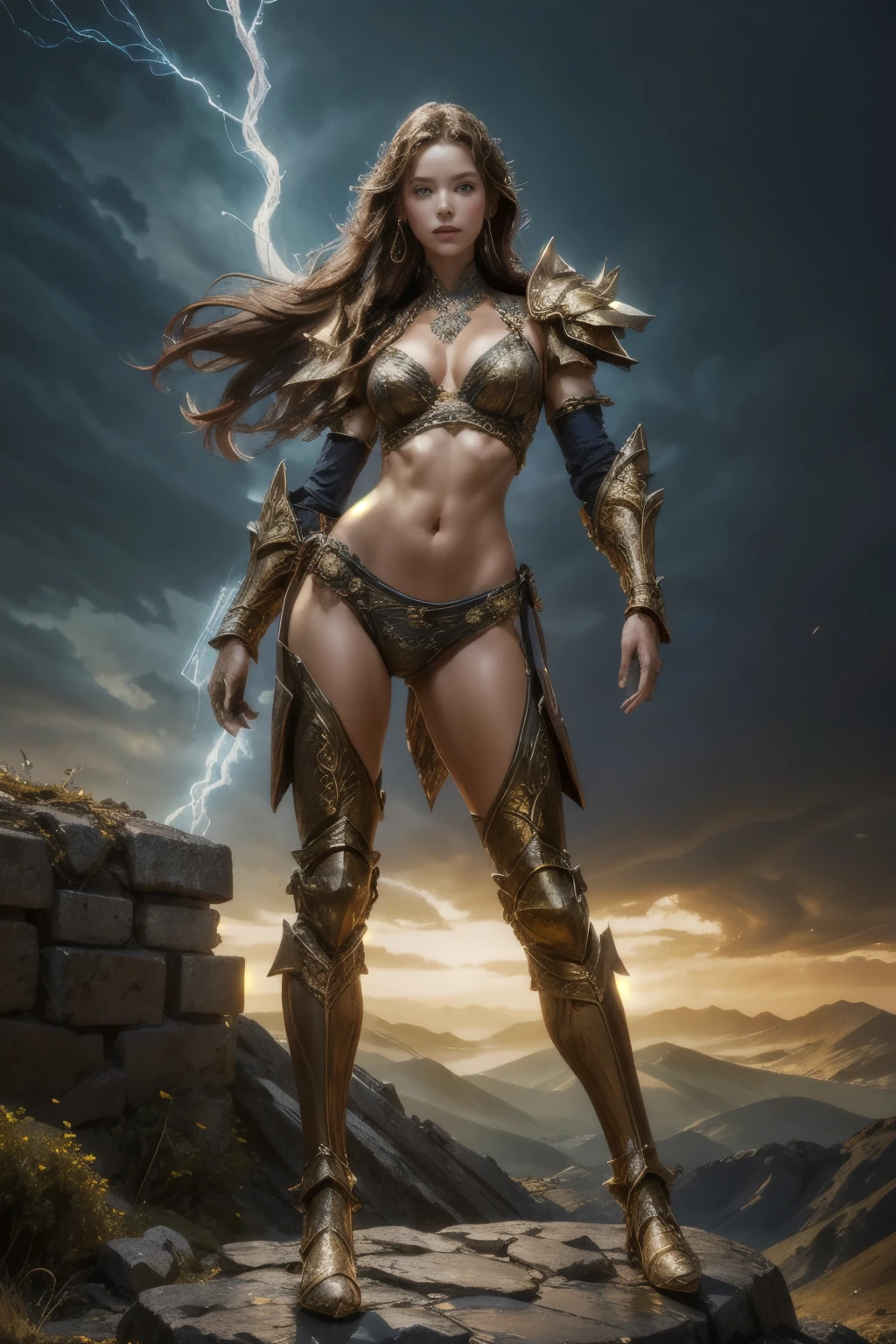 a sexy woman in armor standing on a rocky hill, bikini armor female knight, fantasy woman, fantasy warrior, by Yang J, very beautiful female barbarian, warrior girl, beautiful female warrior, female warrior, style of raymond swanland, tyler edlin fantasy art, a very beautiful berserker woman, artgerm julie bell beeple, wojtek fus, Surreal art of a beautiful woman embodying the goddess of the sky, standing on an ancient ruin wall, her long brown hair with bright golden locks fluttering in the stormy air as the spectacular setting sun paints the sky with red clouds. Dark clouds intertwined with lightning and a gentle drizzle, watercolor style masterpiece with an effect that creates a stormy sky, transparent swimsuit underwear, ancient Greek city blurred in the distance, ancient city in the distant fog, girl on high mountain to see the valley, goddess dressed in gold jewelry, a girl from the front looking to the side, poses on a stone wall covered with ivy, stands on a stone wall, 8k resolution, high quality art, pose of a lady in motion, elegant, high quality film poster, overexposure of elements, fracture, girl on high mountain observing the distant valley,