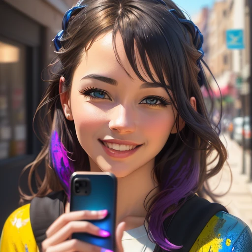 Image in Banksy style with vibrant purple, blue and yellow paint splatters. Woman with perfect detailed face and happy smile, holding mobile phone. Phone is shining and the light is flowing and aiming outside frame. Figure using phone to attract someone. Striking visual effect, with vibrant swirling colors and passionate embrace, (best quality, 4k, 8k, high resolution, masterpiece:1.2), ultra-detailed, (realistic, photorealistic, photo-realistic:1.37), artistic style: abstract expressionism, color tones: warm and passionate colors, lighting: dramatic and intense, art style: conceptual
