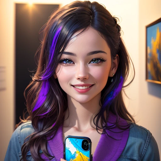 Image in Banksy style with vibrant purple, blue and yellow paint splatters. Woman with perfect detailed face and happy smile, holding mobile phone. Phone is shining and the light is flowing and aiming outside frame. Figure using phone to attract someone. Striking visual effect, with vibrant swirling colors and passionate embrace, (best quality, 4k, 8k, high resolution, masterpiece:1.2), ultra-detailed, (realistic, photorealistic, photo-realistic:1.37), artistic style: abstract expressionism, color tones: warm and passionate colors, lighting: dramatic and intense, art style: conceptual
