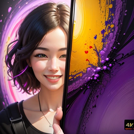 Image in Banksy style with vibrant purple, blue and yellow paint splatters. Woman with perfect detailed face and happy smile, holding mobile phone. Phone is shining and the light is flowing and aiming outside frame. Figure using phone to attract someone. Striking visual effect, with vibrant swirling colors and passionate embrace, (best quality, 4k, 8k, high resolution, masterpiece:1.2), ultra-detailed, (realistic, photorealistic, photo-realistic:1.37), artistic style: abstract expressionism, color tones: warm and passionate colors, lighting: dramatic and intense, art style: conceptual