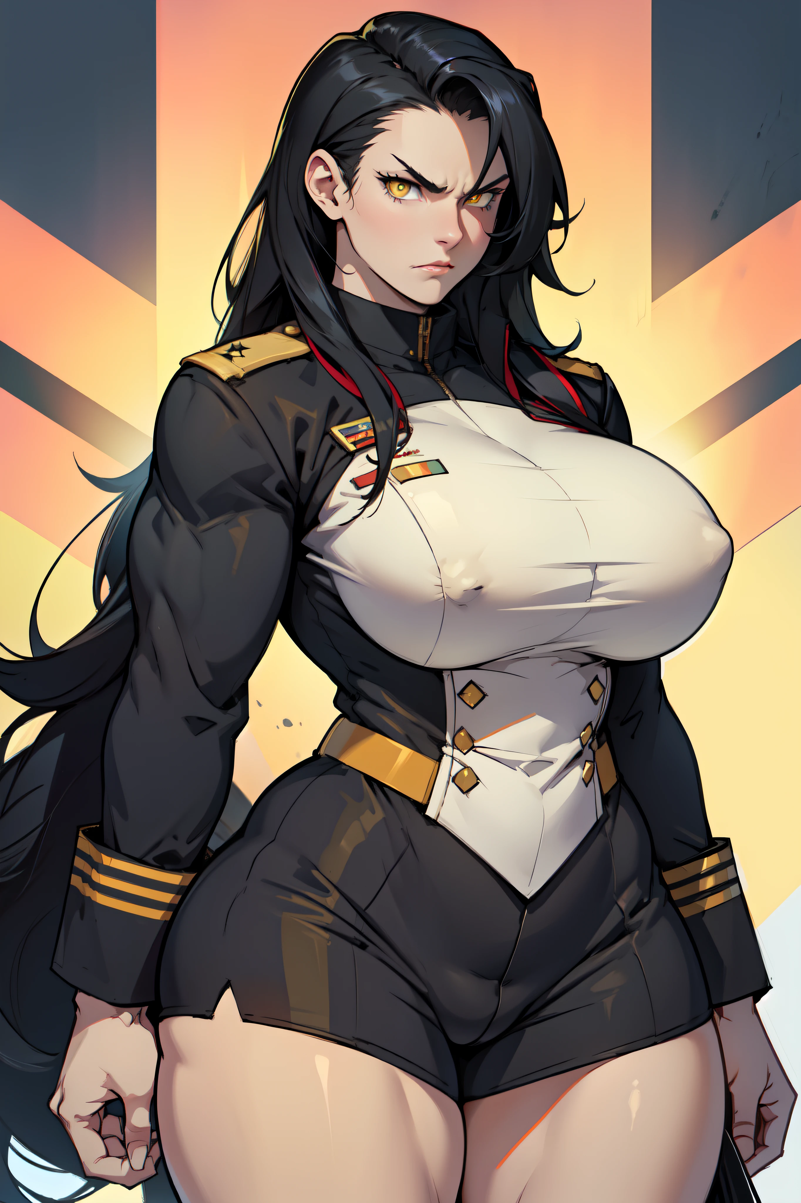 solo, 1 girl, (very long hair), black hair, angry, yellow eyes pale skin (wide hips thick thighs curvy muscular toned body bodybuilder huge tits) ((military uniform))