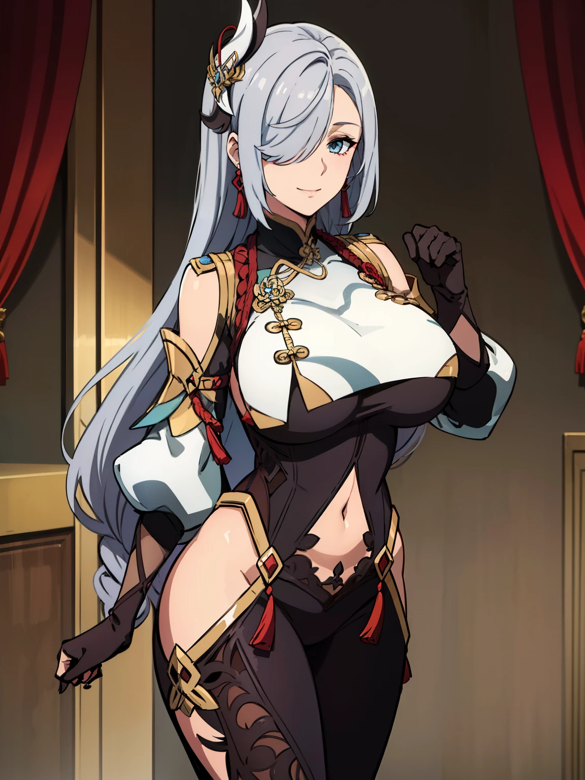 earrings, braided ponytail, puffy sleeves, gold trim, gloves, bodysuit, breast curtain, shoulder cutout, covered navel, hip vent, clothing cutout, tassel, (luxury livingroom background), ShenheV4, anime cels style, best quality, high resolution, 1girl, (huge breasts:1.2), beautiful face, grey hair, long hair, hair ornament, hair over one eye, blue eyes, cowboy shot, smiling