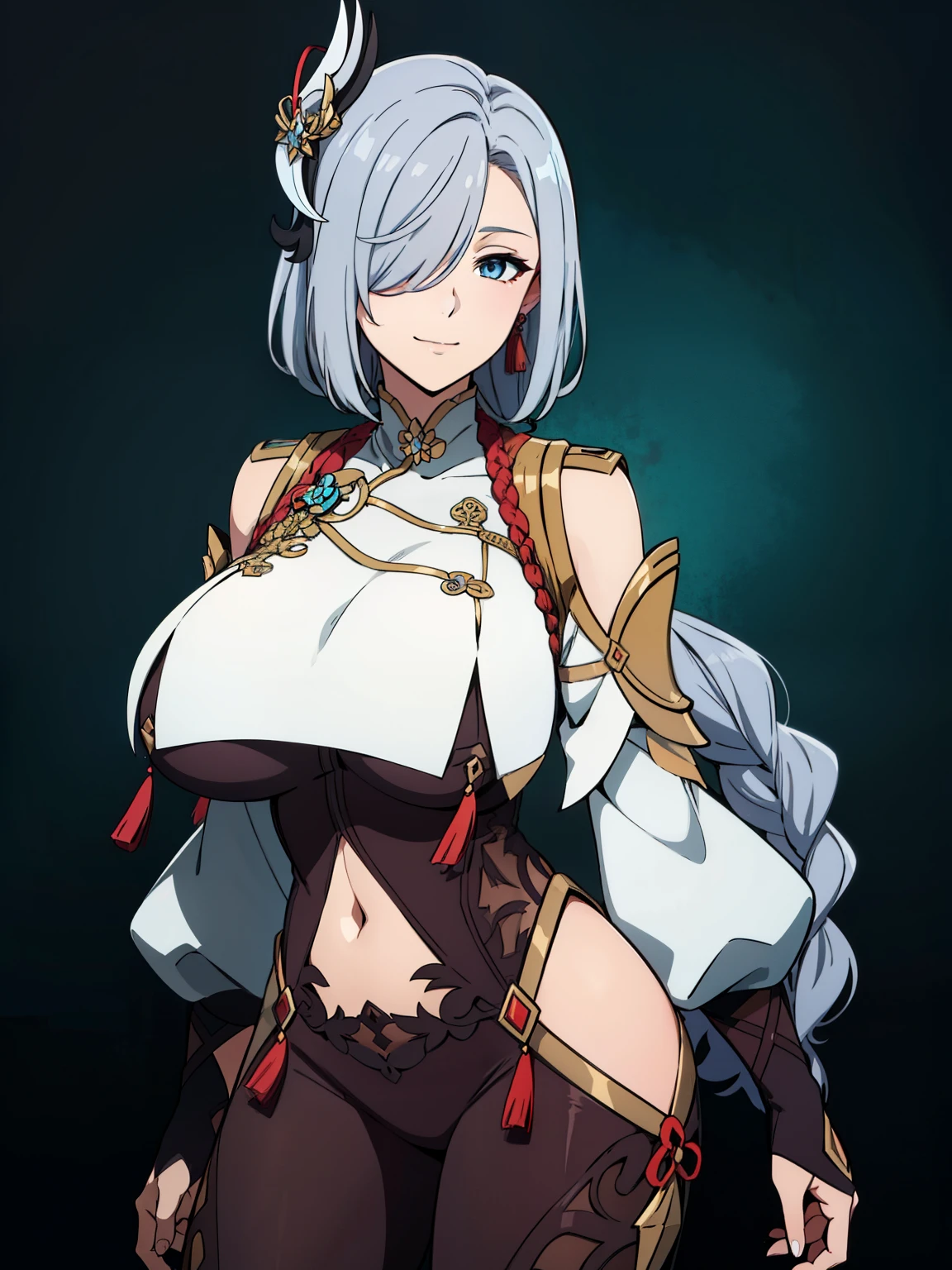 earrings, braided ponytail, puffy sleeves, gold trim, gloves, bodysuit, breast curtain, shoulder cutout, covered navel, hip vent, clothing cutout, tassel, (luxury livingroom background), ShenheV4, anime cels style, best quality, high resolution, 1girl, (huge breasts:1.2), beautiful face, grey hair, long hair, hair ornament, hair over one eye, blue eyes, cowboy shot, smiling