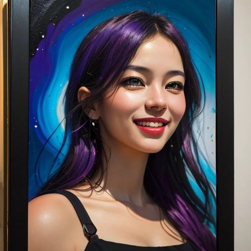 Image in Banksy style with vibrant purple, blue and yellow paint splatters. Woman with perfect detailed face and happy smile, holding mobile phone. Phone is shining and the light is flowing and aiming outside frame. Figure using phone to attract someone. Striking visual effect, with vibrant swirling colors and passionate embrace, (best quality, 4k, 8k, high resolution, masterpiece:1.2), ultra-detailed, (realistic, photorealistic, photo-realistic:1.37), artistic style: abstract expressionism, color tones: warm and passionate colors, lighting: dramatic and intense, art style: conceptual
