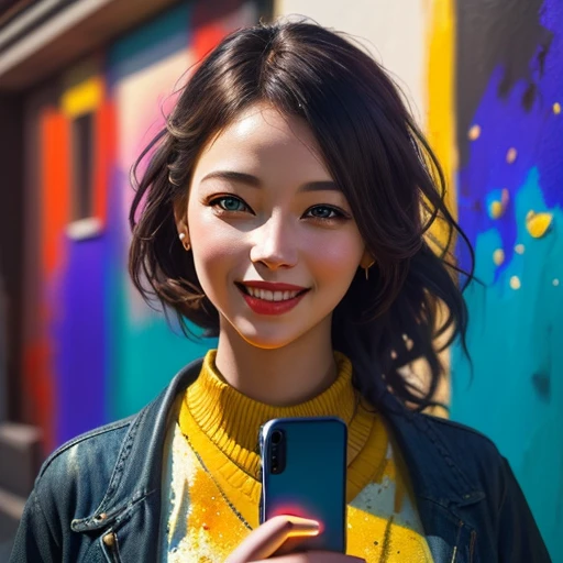 Image in Banksy style with vibrant purple, blue and yellow paint splatters. Woman with perfect detailed face and happy smile, holding mobile phone. Phone is shining and the light is flowing and aiming outside frame. Figure using phone to attract someone. Striking visual effect, with vibrant swirling colors and passionate embrace, (best quality, 4k, 8k, high resolution, masterpiece:1.2), ultra-detailed, (realistic, photorealistic, photo-realistic:1.37), artistic style: abstract expressionism, color tones: warm and passionate colors, lighting: dramatic and intense, art style: conceptual
