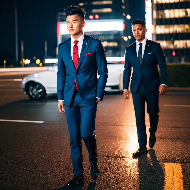 An Asian man with clean mohawk hair looked straight ahead., Various action poses,On the road at night, Modern glossy black leather suit with bright red and blue tie., Exaggerated colors, 8K images, Shot with a high quality camera with 45000000000 pixels.