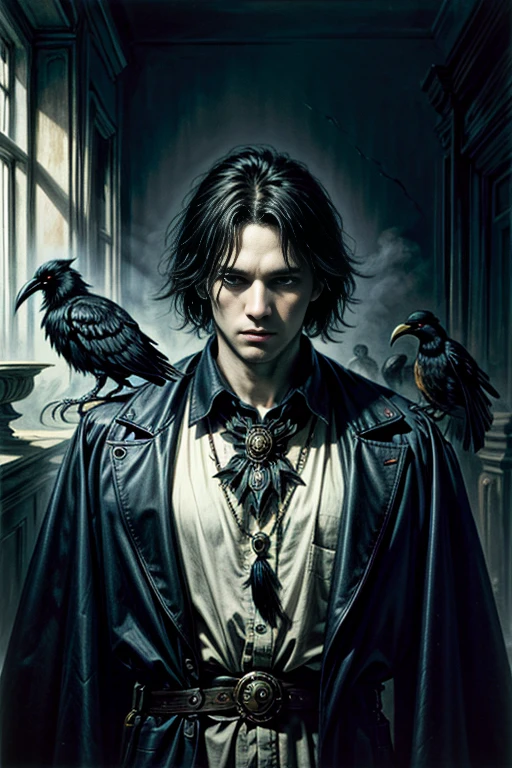 best quality,4k,8k,highres,masterpiece:1.2,ultra-detailed,realistic:1.37,HDR,UHD,ultra-fine painting,sharp focus,wide angle shot,dynamic pose,(A sandman, the God of dreams, inside his dreamlike palace, in the ethereal realm of dreams, surrounded by the mystical and ghostly dimensions.), (He is manipulating magical dust, creating illusions that transcend reality.), (His appearance features pale skin and wide, mesmerizing eyes.), bloodborne,(his mantle is completely made of raven feathers sewn together:1.4), (The artwork is inspired by a sci-fi aesthetic, with a dreamlike atmosphere reminiscent of Yoshitaka Amano's unique style.), (ghostly figures can be seen wandering in the background), (The colors are vivid and surreal, with a focus on mysterious lighting and rich hues.), (The image quality is of the highest standard, with an ultra-detailed and sharp focus to capture every intricate detail.), (The overall result is a masterpiece, showcasing the artist's skill in creating a mesmerizing portrayal of the Sandman and the dream realm.), sci-fi