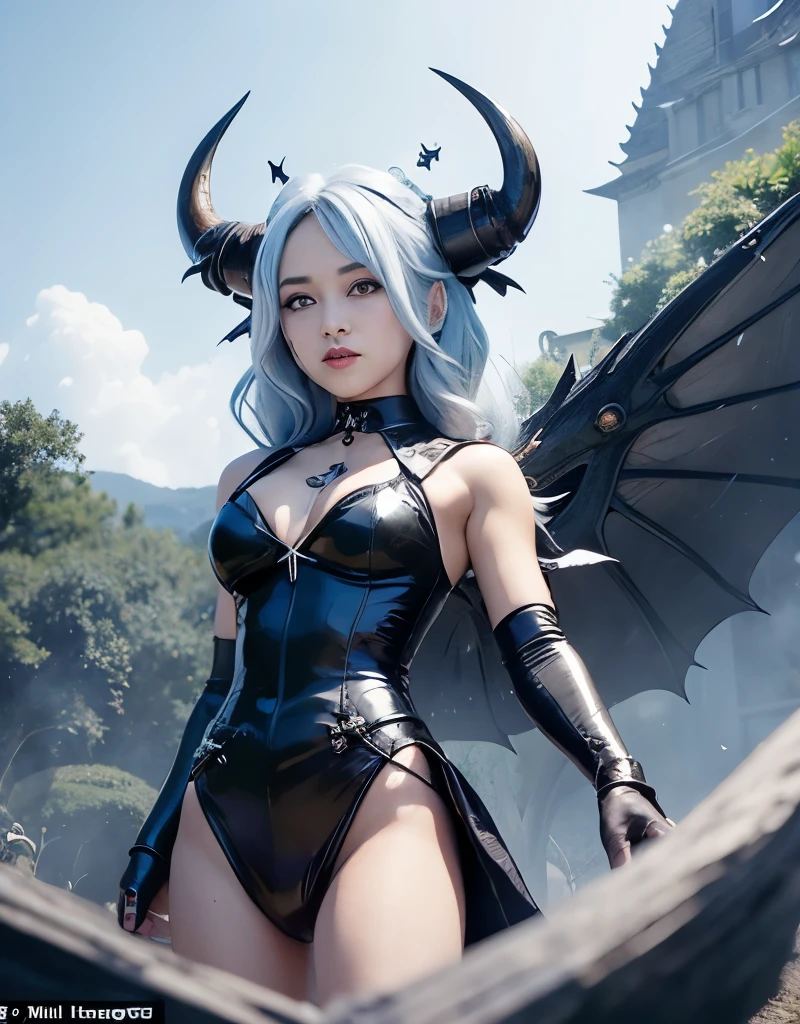 Professional , masterpiece、highest quality、Photo Real , Depth of written boundary 、idol smile、maikurobikini、(White Gemstone Body:1.2)、mysterious expression、(Cleavage)、Jewel Gold Weapon、Particles of light),A huge arsenal of luxurious gold ,(( ドラゴンProfessionalテクター (Realistic:1.4),)) , (Devil's Wings) ,Warhammer 40K 、((Silver hair with a gradation that turns blue towards the ends))、(Devil's Wings)、((Gangl Forest Background))、美しい白people美people、1people、Dynamic Angle,(((Two small, spiral-shaped black horns on the head)))、Small head、idol smile、Slender and beautiful female hands、Cleavage、mysterious expression、Light effects、Intense Combat、Wind effectagic circle、dragon tail、knees、Toostook、Black lace dress、Slender body, Shining Silver God々He is accompanied by a giant dragon.