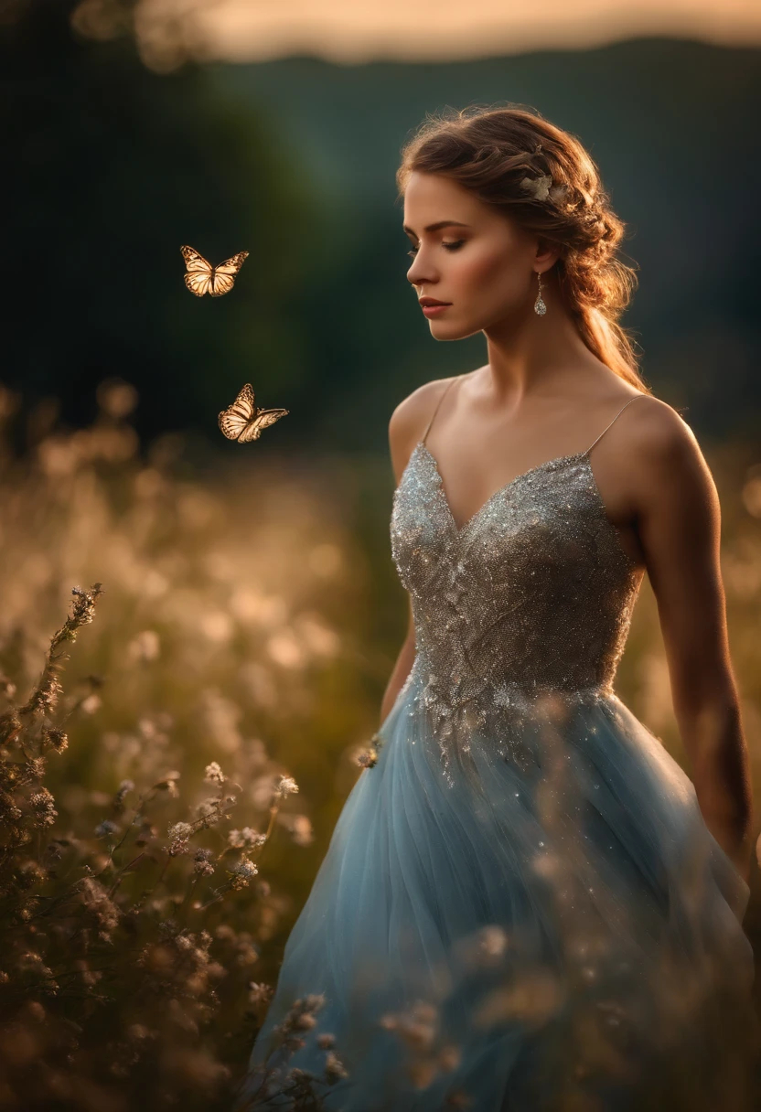 Portrait of a girl in a very long dress, das auf einem Feld mit leuchtenden Blumen tanzt, Sterne, Schmetterlinge, Grasrealismus, beautiful lighting, Magie, Fantasie der Silberzeit, Foto