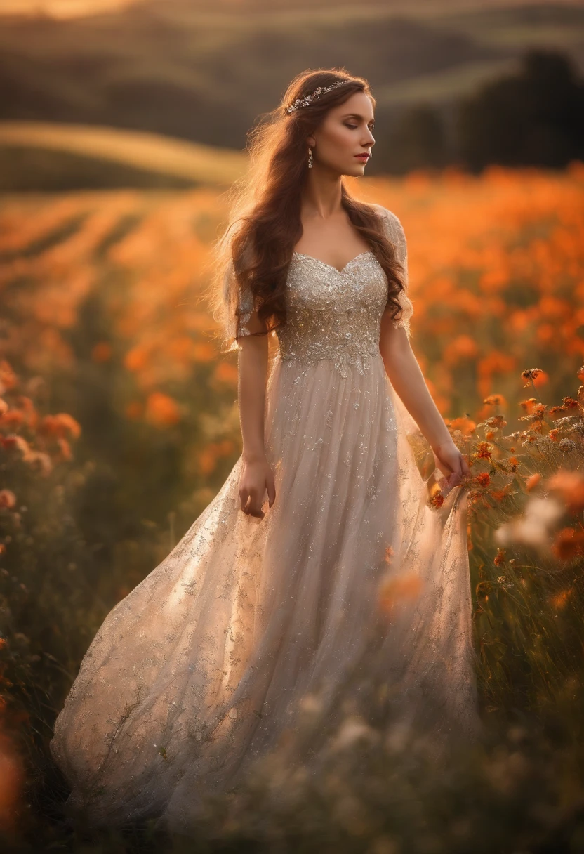 Portrait of a girl in a very long dress, das auf einem Feld mit leuchtenden Blumen tanzt, Sterne, Schmetterlinge, Grasrealismus, beautiful lighting, Magie, Fantasie der Silberzeit, Foto