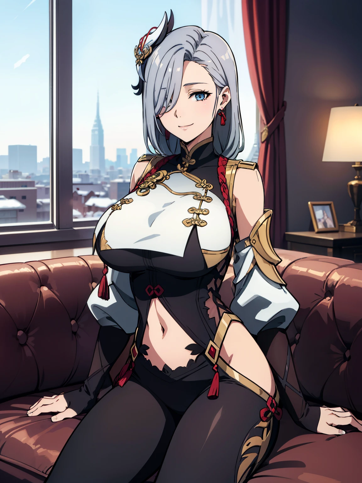sitting on luxury sofa, earrings, braided ponytail, puffy sleeves, gold trim, gloves, bodysuit, breast curtain, shoulder cutout, covered navel, hip vent, clothing cutout, tassel, (luxury livingroom background), window, snowy city view, ShenheV4, anime cels style, best quality, high resolution, 1girl, (huge breasts:1.2), beautiful face, grey hair, long hair, hair ornament, hair over one eye, blue eyes, cowboy shot, smiling