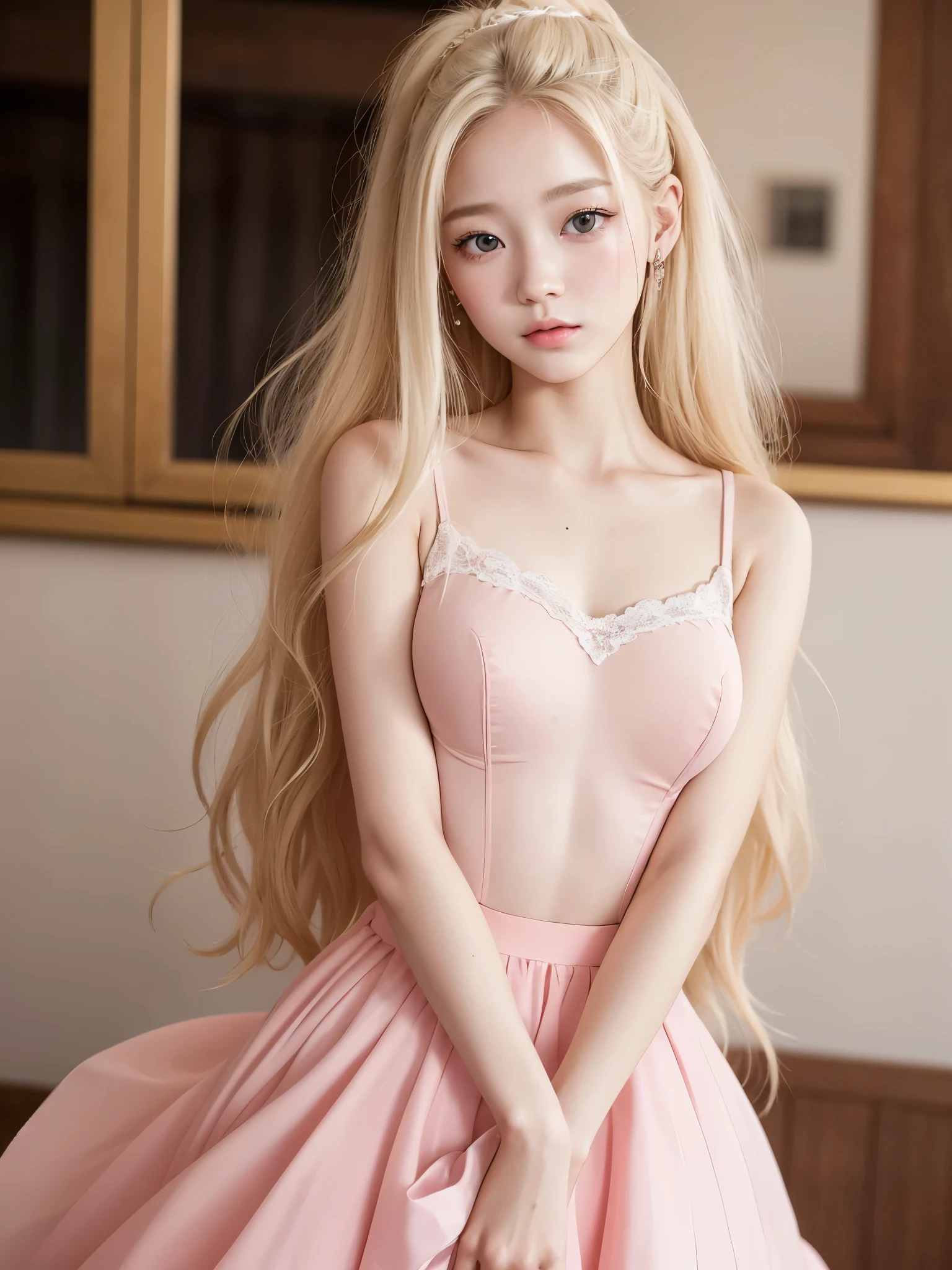 A young girl with very light blonde hair and pretty 20 years old, con cara de Wonyoung, Jang Wonyoung, estilo femenino y lindo, prendas rosadas, ballet. Chica japonesa, very tender asian girl with pale skin, ojos grandes, ella tiene el cabello muy largo, su rostro es bonito.