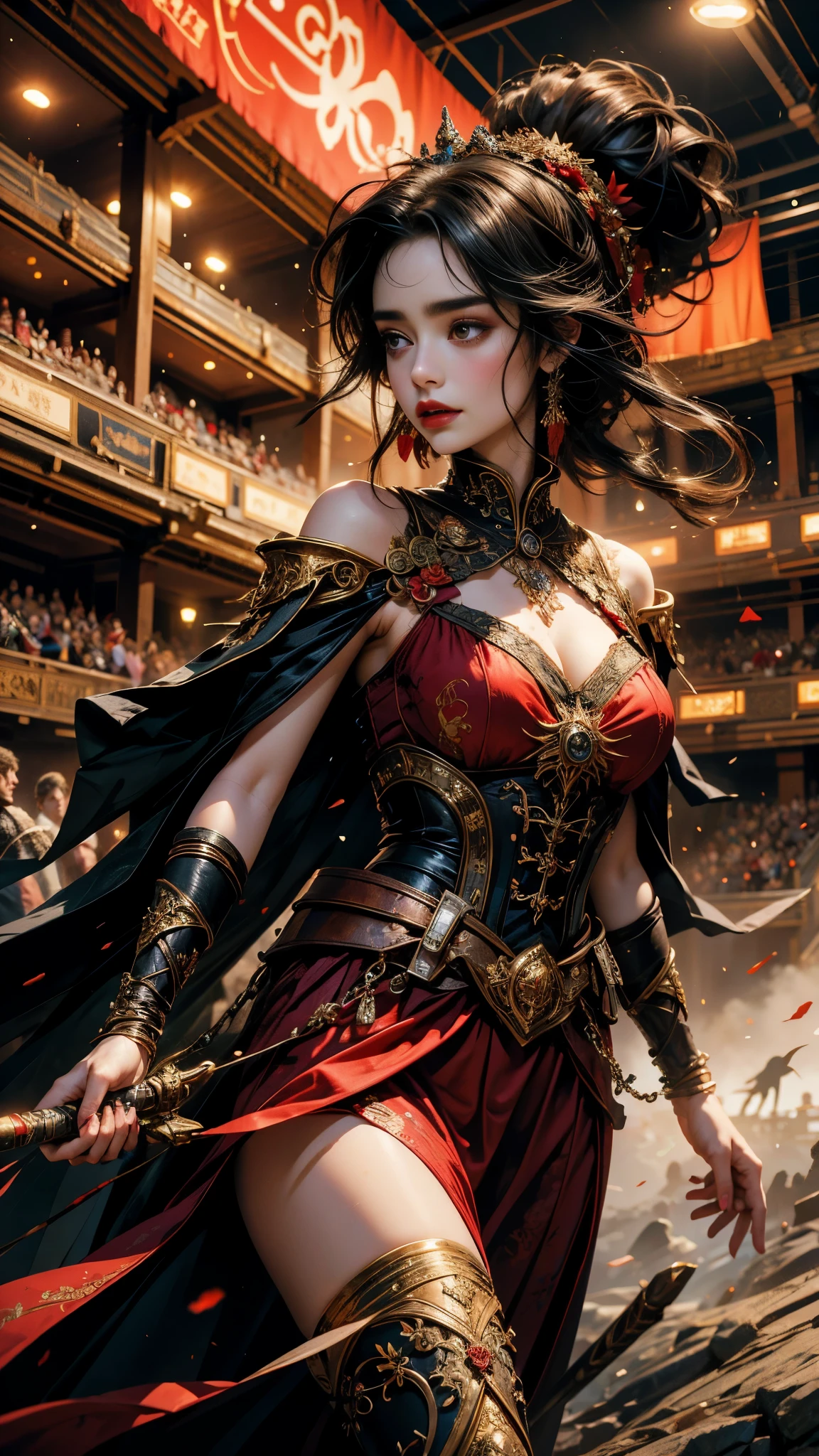 HD Art by Citemer Liu:
Lily Collins, with her raven-black curly hair cascading down her shoulders, dons a red hood adorned with intricate embroidery. Clad in medieval attire, her dress flows gracefully as she strides towards the arena, a bow and arrow in hand. The illustration captures every detail of her outfit, from the layered fabric to the authentic stitching. The scene exudes a vibrant and smooth aesthetic, with the HD art bringing out the rich colors and textures. The arena landscape is filled with bleachers, their wooden structures meticulously rendered, and an eager audience watching intently, their eyes reflecting