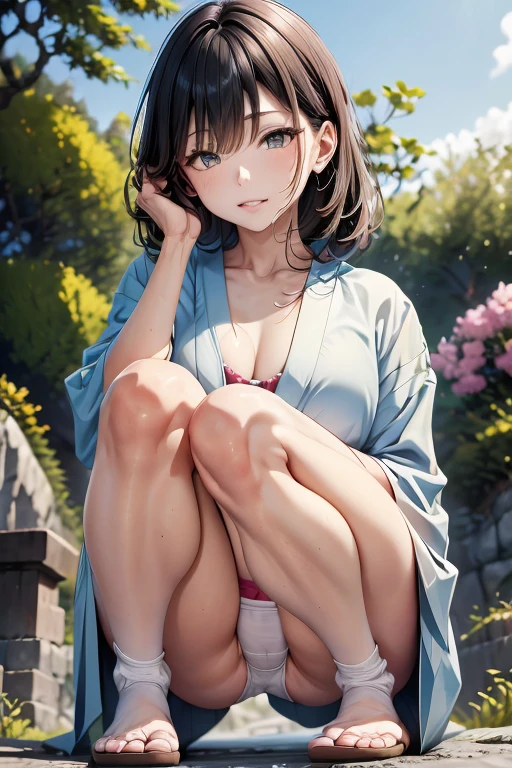 Mature woman in a white yukata squatting on a stone bridge in the Nishikigoi pond in the garden, tilting her head, detailed eyes, long straight black hair, masterpiece, from below, detailed white panties