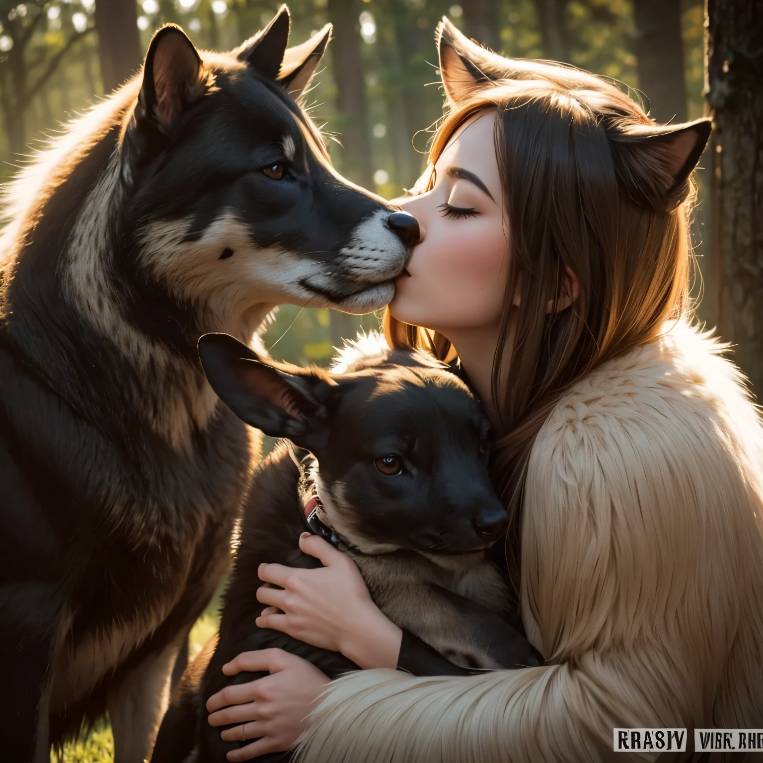 Woman kissing a dog with two other dogs in the woods SeaArt AI 